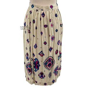 Vintage Panther Union Made Beige Boho Midi Skirt with Multicolor Geometric Print